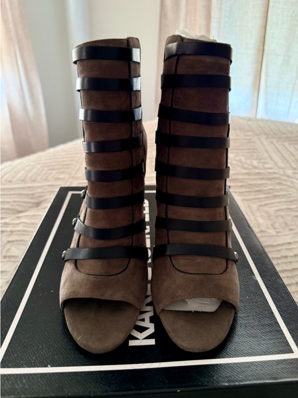 Karl Lagerfeld Taupe Suede Open-Toe Strappy Heeled Boots with Black Straps